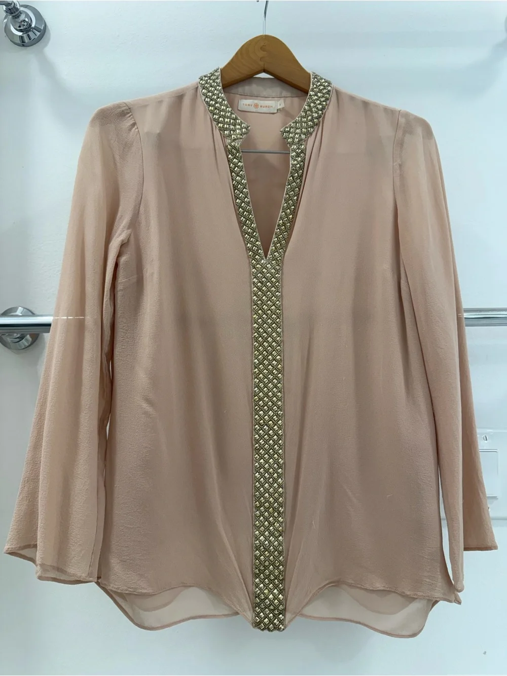 Tory Burch Blush Pearl-Embellished Sheer Blouse